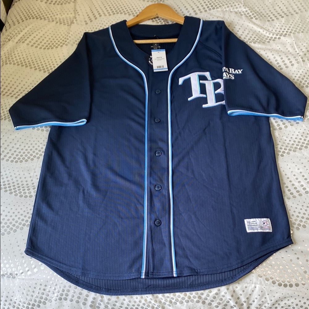 Majestic Blue Baseball Jersey with Team Logo Tampa Bay Size LARGE